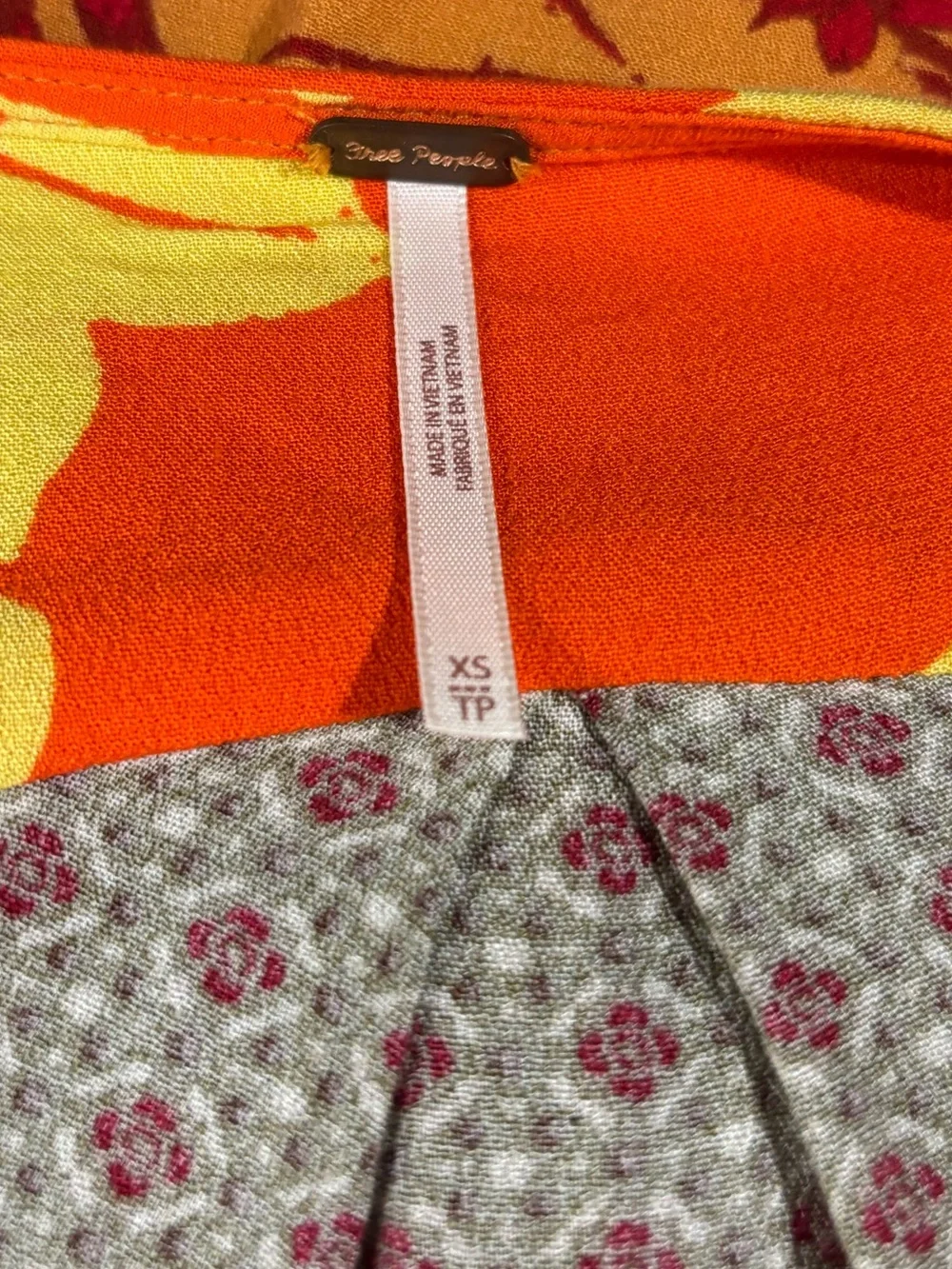Free People‎ Aloha State of Mind Orange & Brown Mixed-Print V-Neck Peplum Blouse